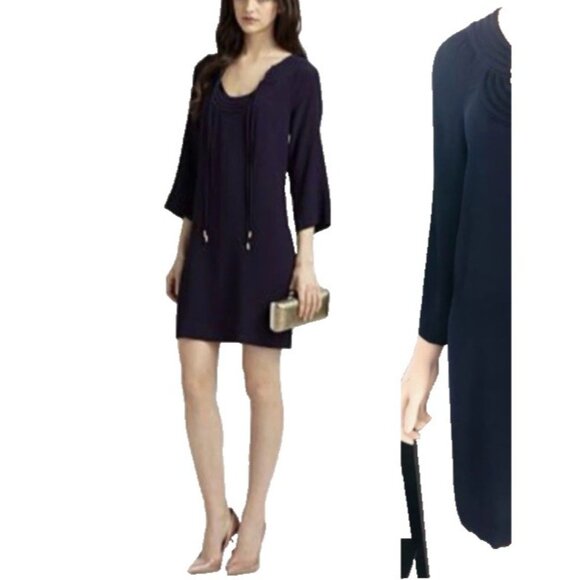 DVF Diane Von Furstenberg Dress Blue 4 Small Shift Long Sleeve Relaxed Tie Neck - Picture 10 of 10
